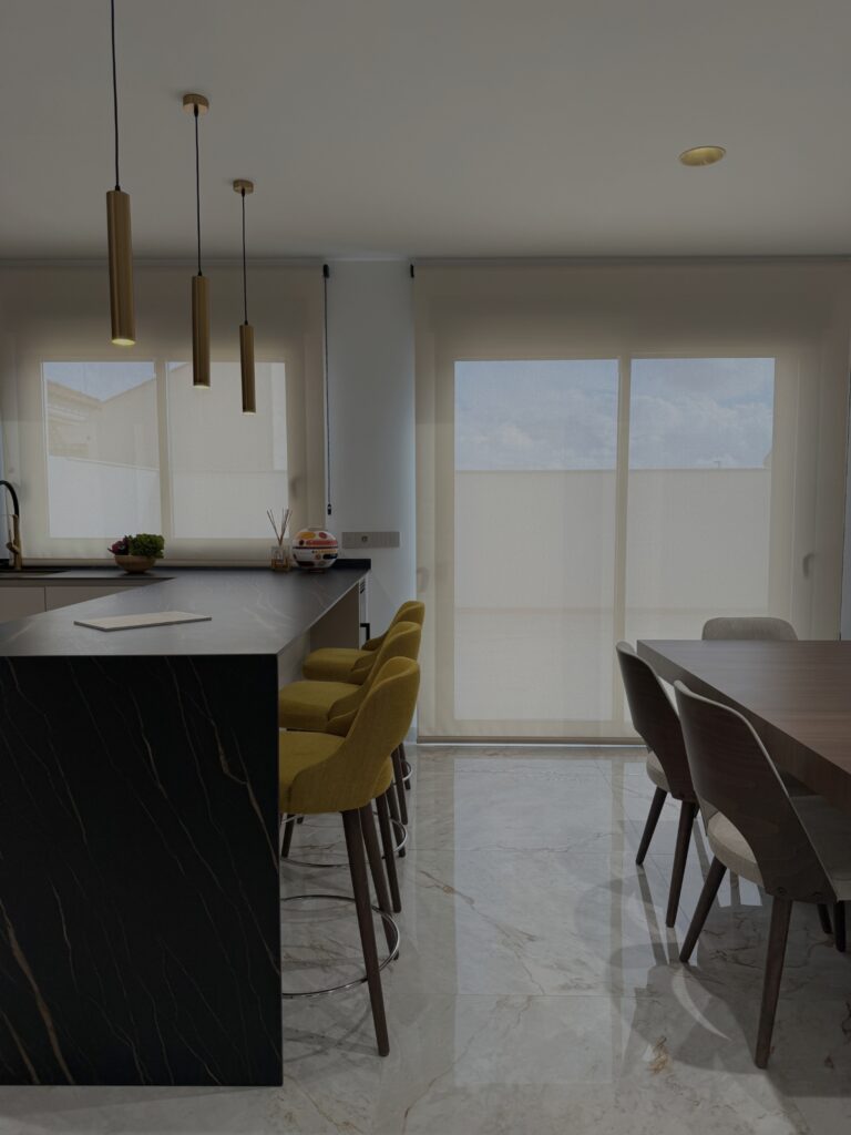 Cocina abierta con isla central y taburetes