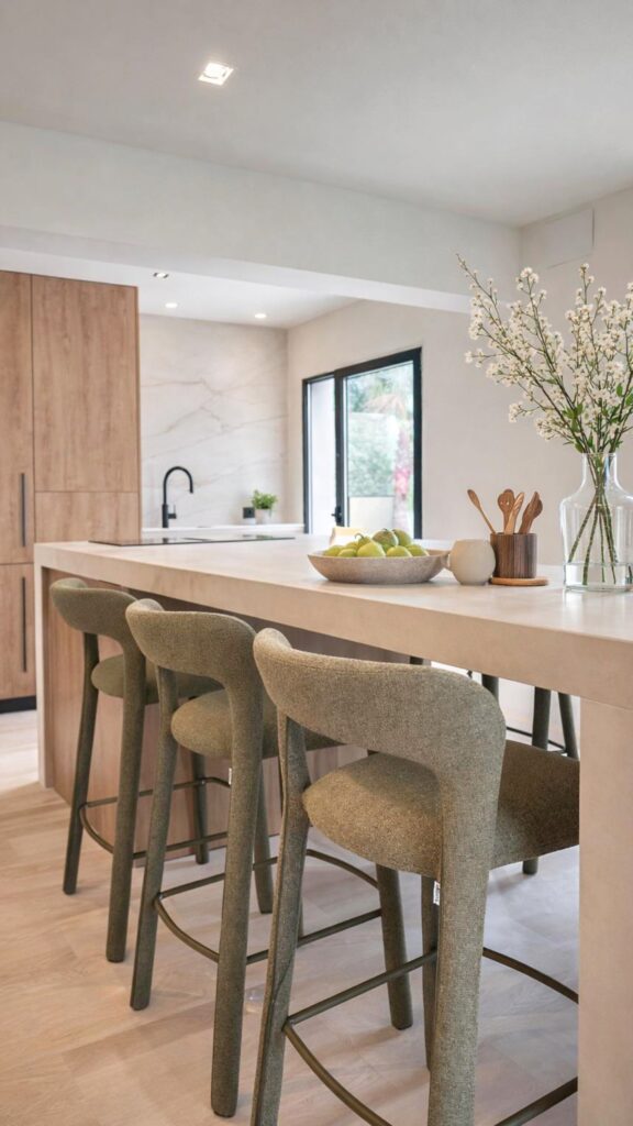 Reforma de cocinas con isla central en mármol blanco y frentes en madera