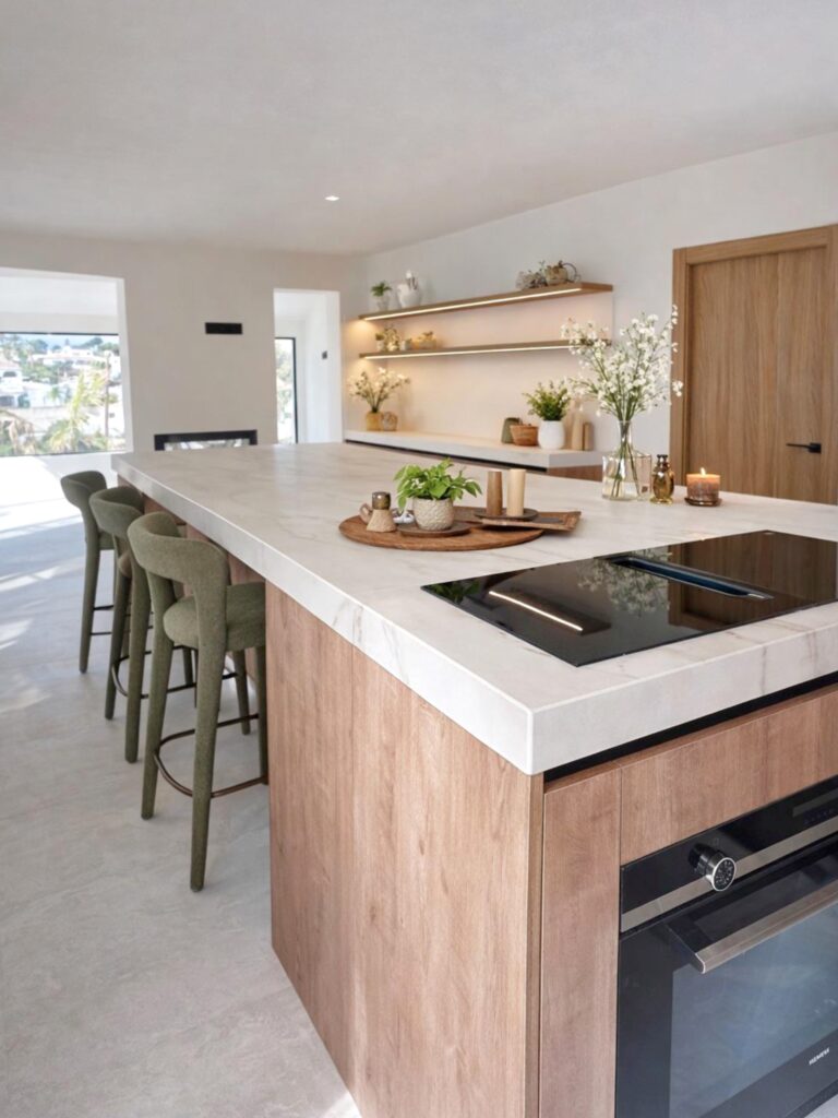 Isla central en mármol con frentes de madera